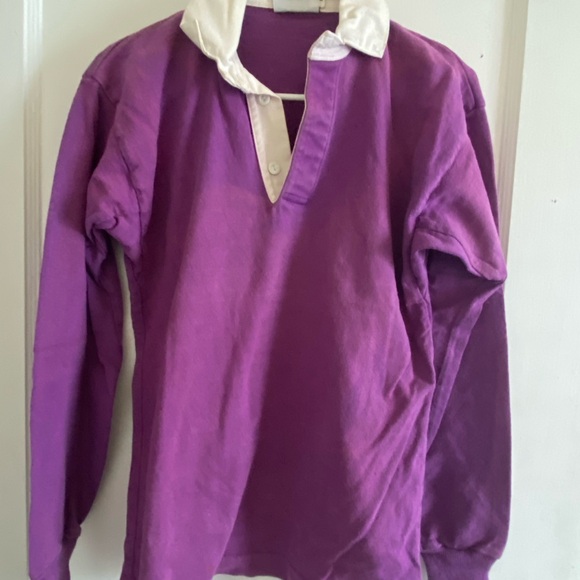 Vintage Lands End Rugby Jersey Purple 1980s shirt white collar rubber buttons - Picture 1 of 6